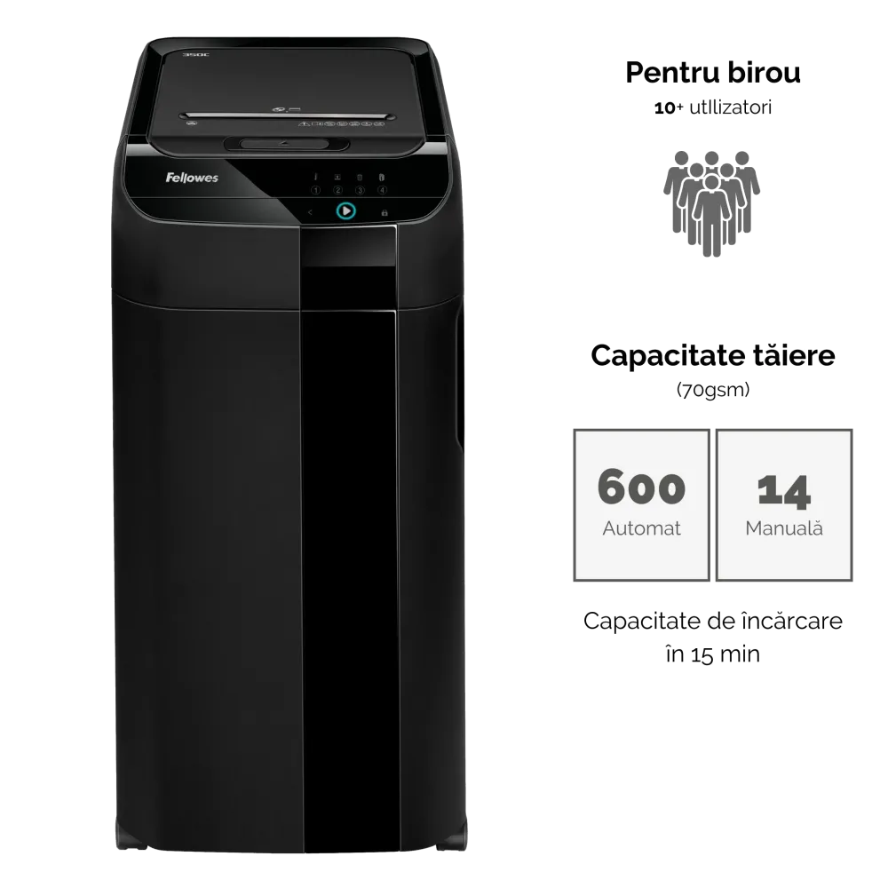 Fellowes Distrugator documente AutoMax 600M, ADF 600 coli, 14 coli manual, 2x12 mm, P-5, cos 83L 