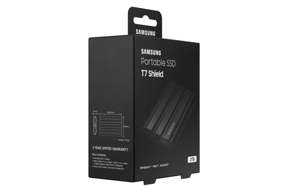 Samsung SSD extern T7 Shield 2TB R/W: 1000 MB/s / 1000 MB/s Protectie parola USB-C Black 