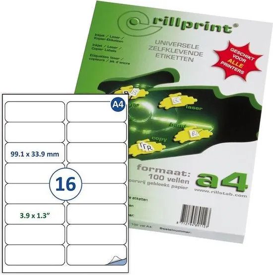 Rillprint Etichete autoadezive 16 pe A4, 99.1 x 33.9mm, 100 coli