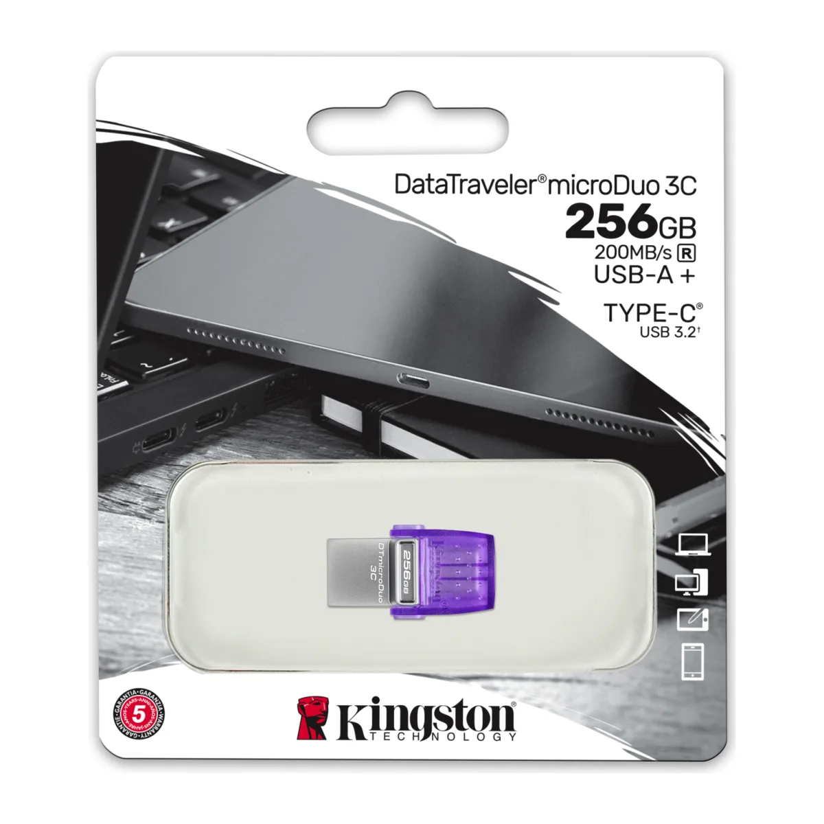 Kingston Memorie USB DataTraveler microDuo 3C 256GB, USB 3.2 Gen 1, USB-A/USB-C angle