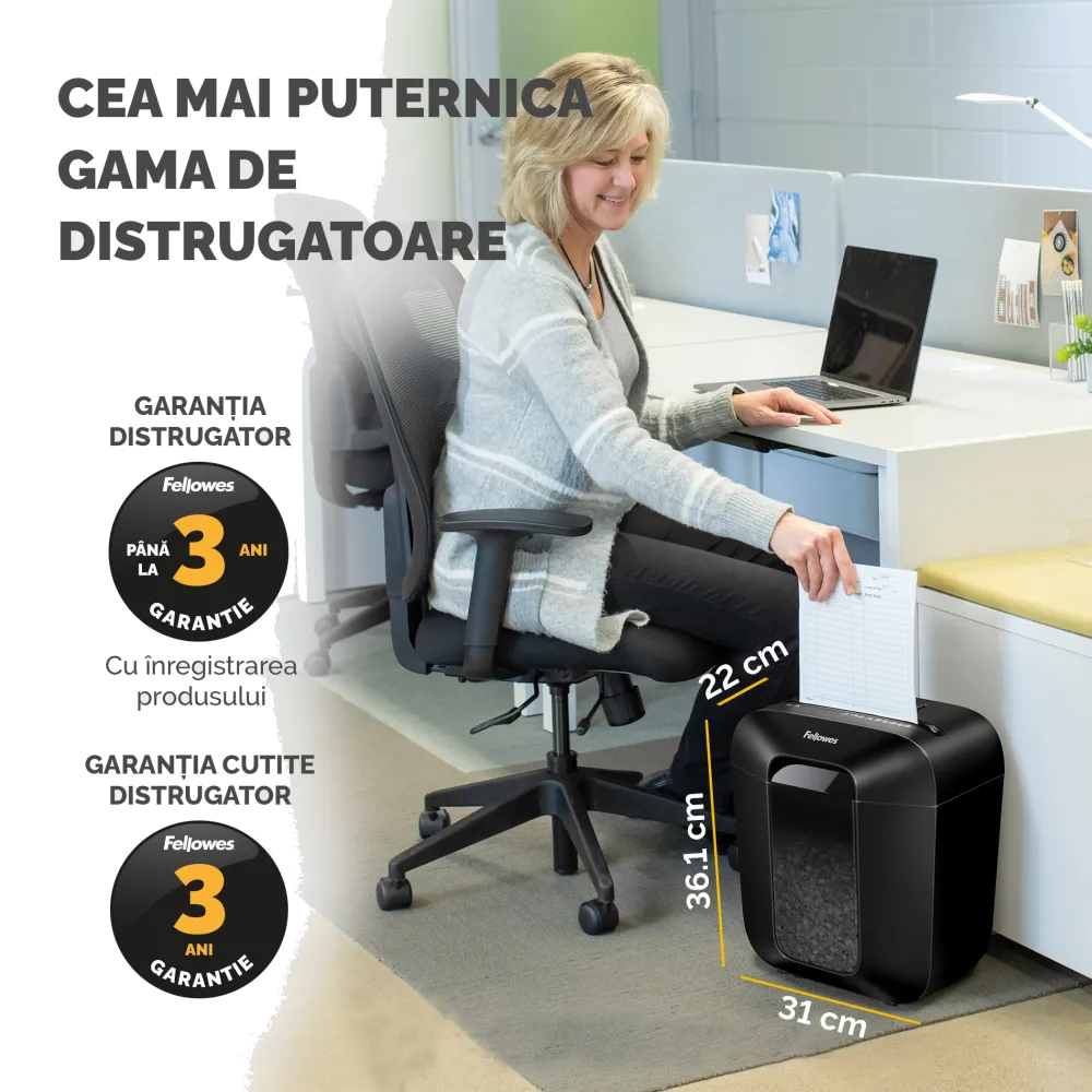 Fellowes Distrugator documente LX25, 6 coli, particule 4x37 mm, P-4, cos 11.5L 