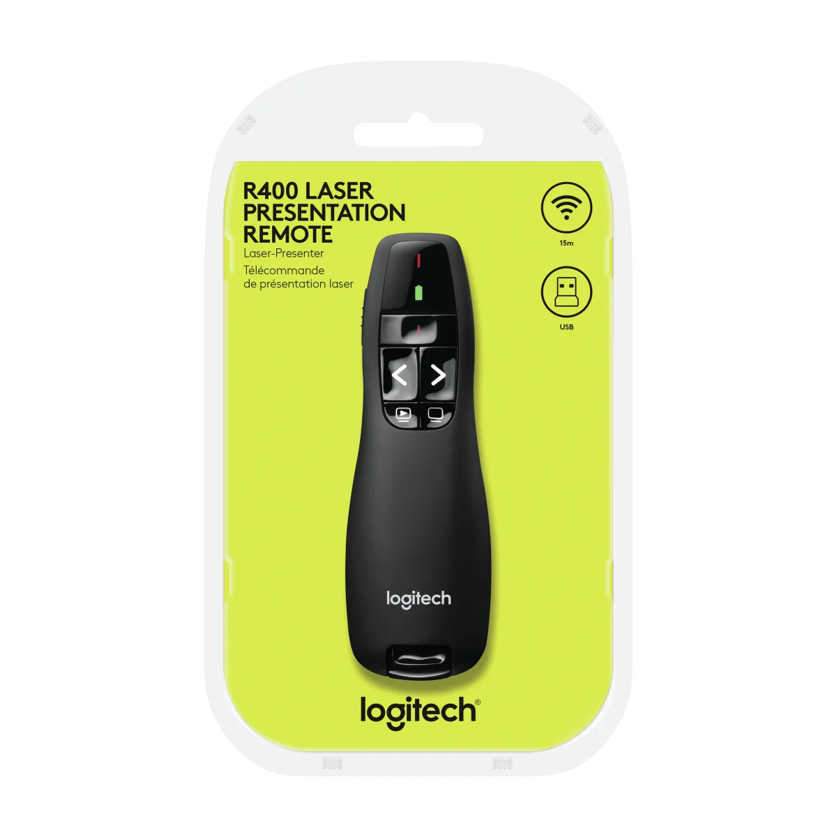 Logitech Presenter wireless R400 2.4GHz raza15m USB angle