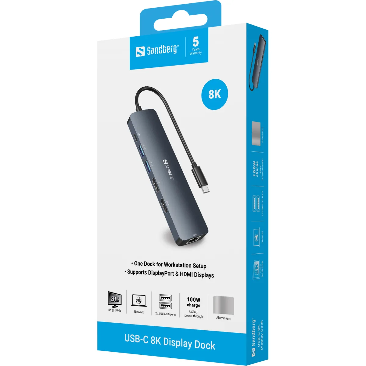 Sandberg USB-C 8K Display Dock SST/MST - 1 x HDMI, 1 x DisplayPort, 1x RJ45, 2 x USB 3.0 packaging
