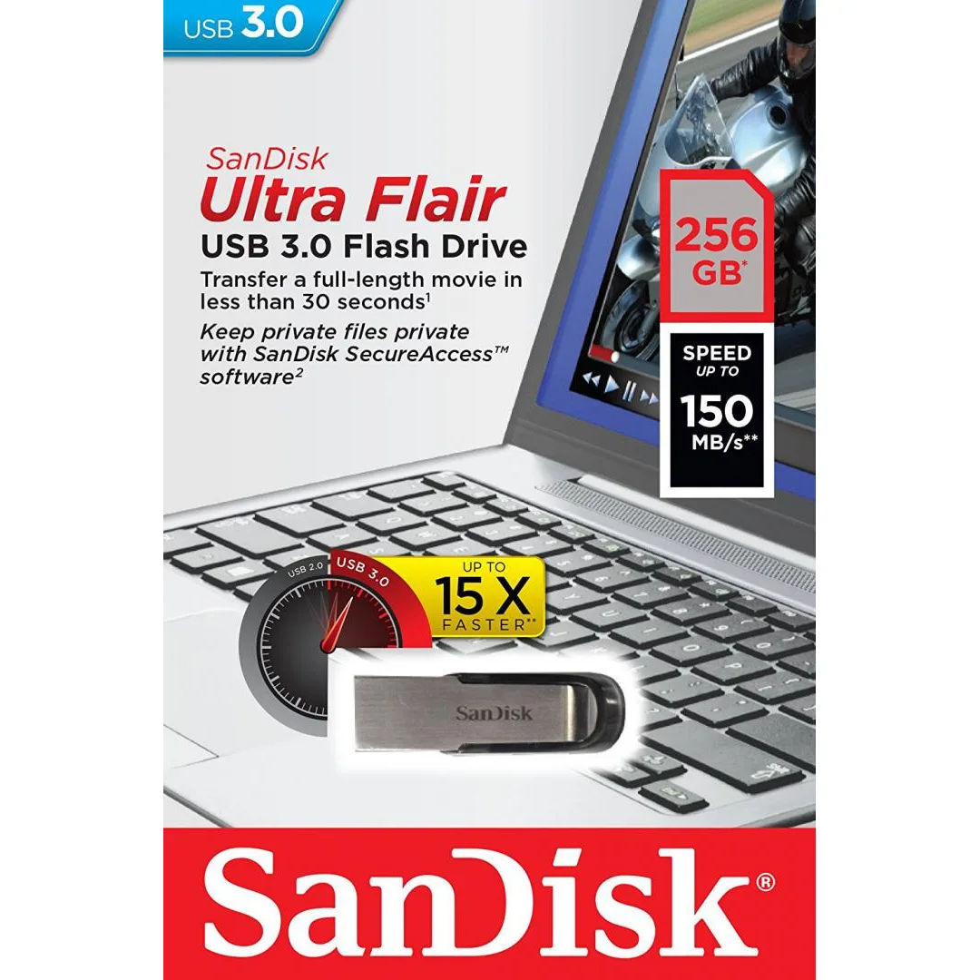 SanDisk Ultra Flair USB Flash Drive 256GB USB-A 3.0 viteza citire pana la 150MB/s 