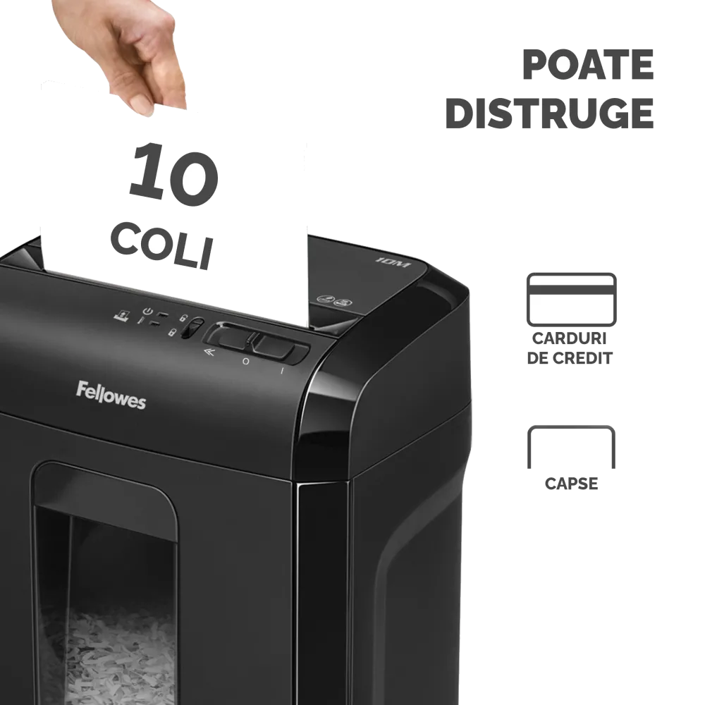 Fellowes Distrugator documente 10M, 10 coli, microparticule 2x12 mm, P-5, cos 19L 
