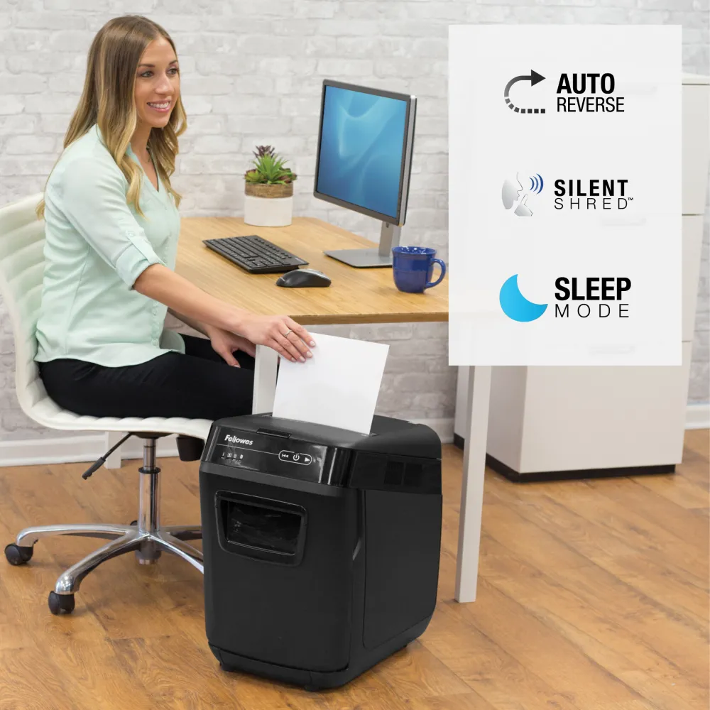 Fellowes Distrugator documente AutoMax 200C, ADF 200 coli, 10 coli manual, 4x38 mm, P-4, cos 32L lifestyle