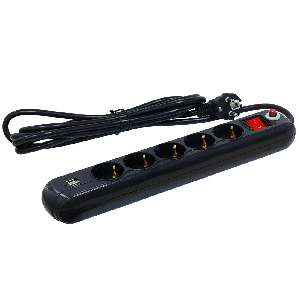 Spacer Prelungitor 5 prize Schuko USB x 2, 16 A, max. 3500W, 4.5m, Negru 