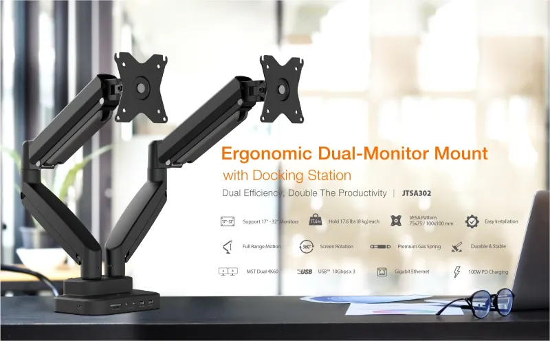j5create ERErgonomic dual monitor mount with Dock 