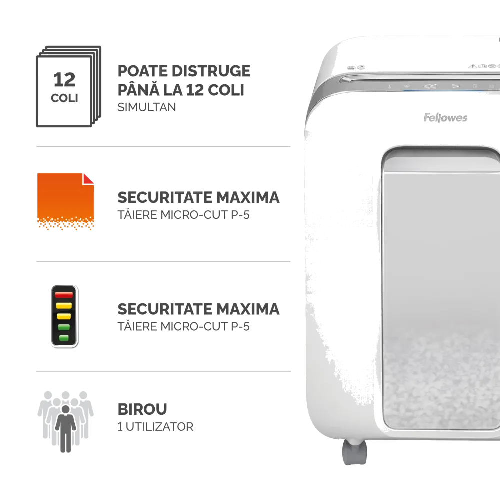 Fellowes Distrugator documente LX201 alb, 12 coli, microparticule 2x12 mm, P-5, cos 22L 