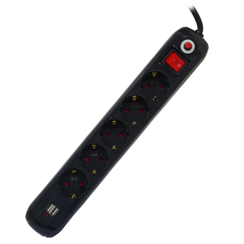 Spacer Prelungitor 5 prize Schuko USB x 2, 16 A, max. 3500W, 4.5m, Negru