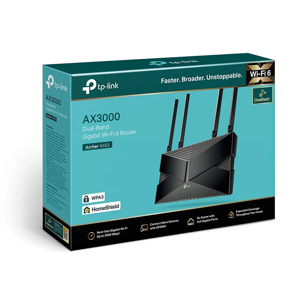 TP-Link Router wireless Archer AX53 3000Mbps,1 x WAN Gigabit, 4 porturi Gigabit, 2.4 Ghz angle
