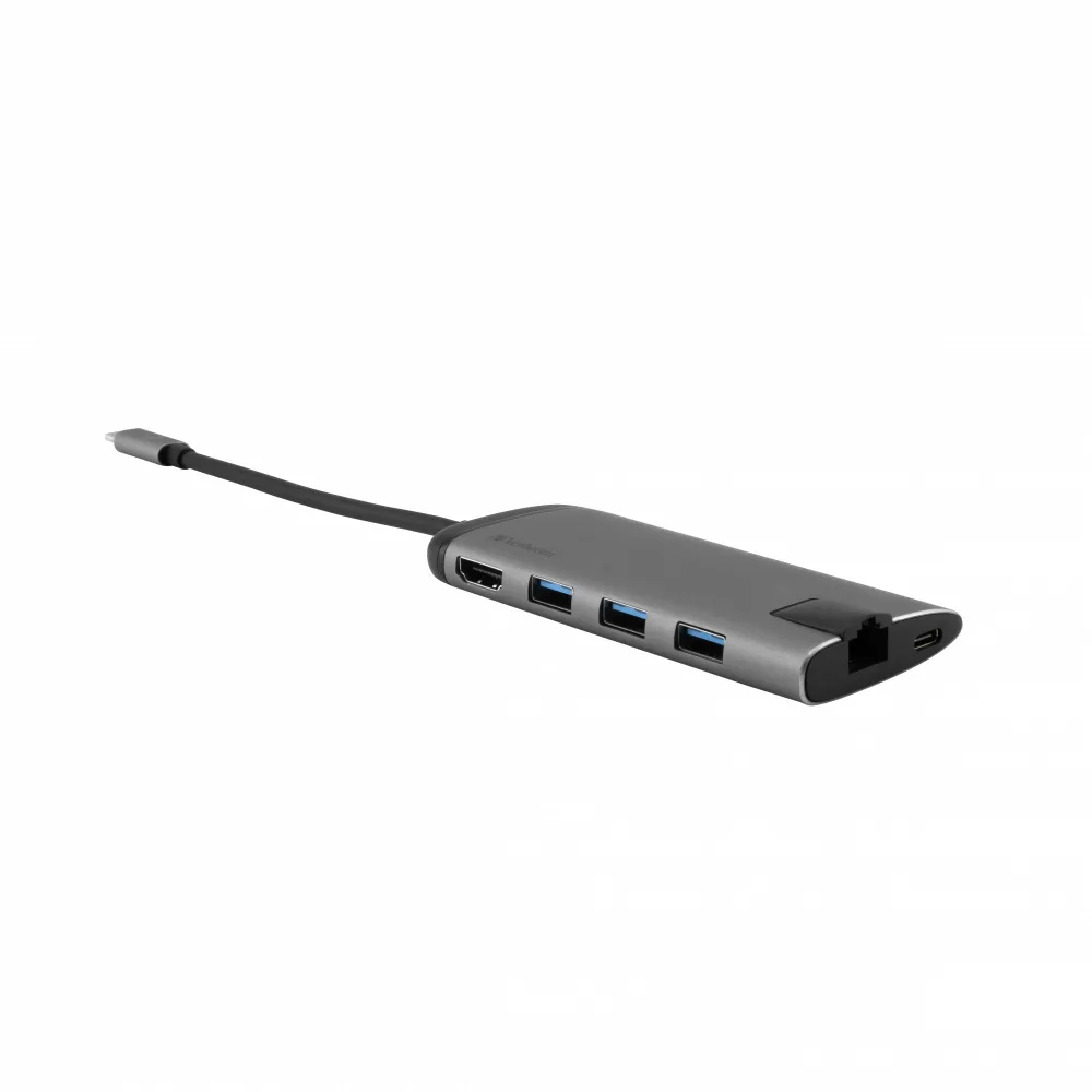 Verbatim Hub USB-C Gigabit LANx1 USB-A 3.0 x 3 HDMI x 1 (4K@30Hz) USB Type C x 1 SD x 1 m angle