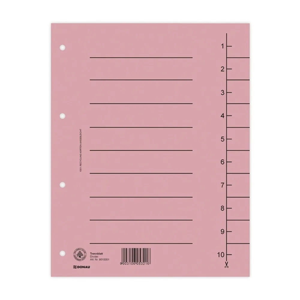 Donau Separatoare A4 carton manila 250 gsm cu index 1-10 100 buc roz