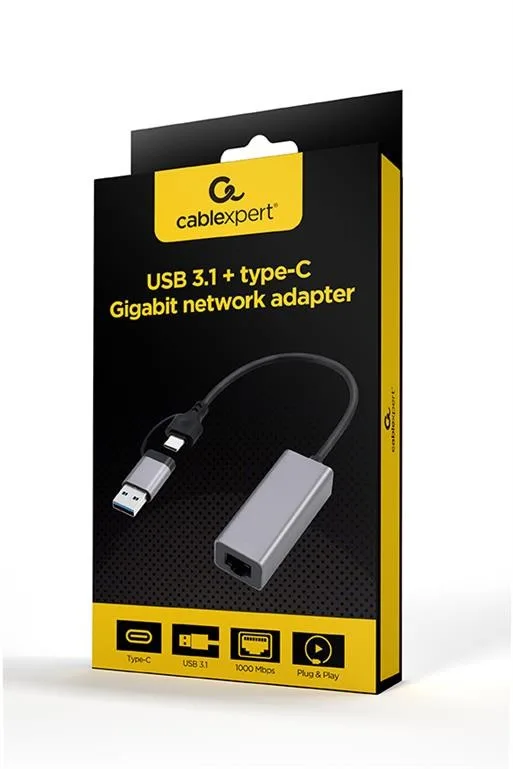 Gembird Adaptor USB-A 3.1 si USB-C la Gigabit Ethernet RJ45 gri 