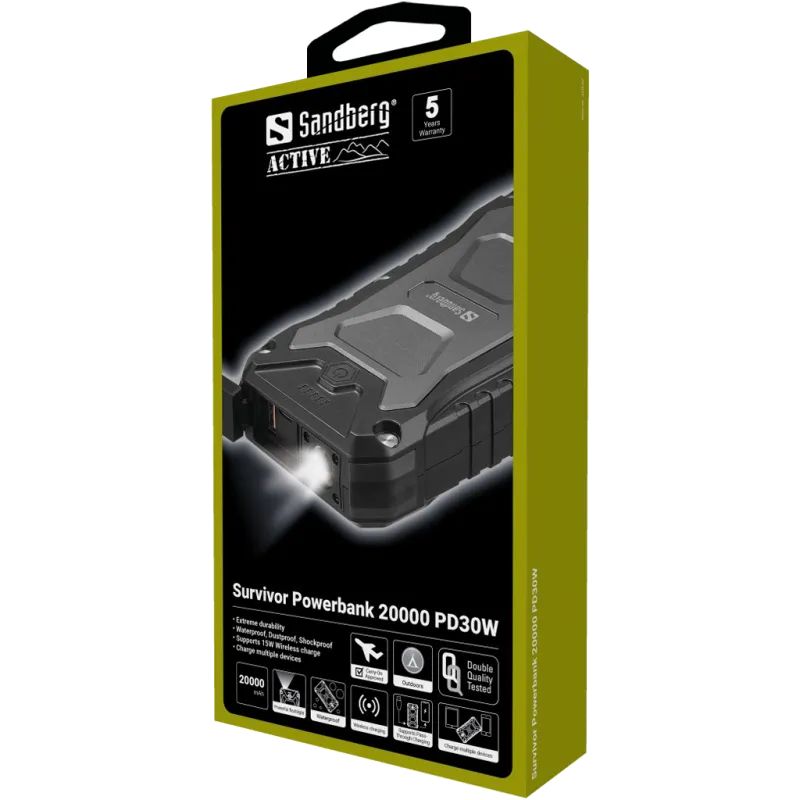 Sandberg Survivor Powerbank 20000mAh Power Delivery 30W baterie externa IP66 QC 3.0 18W 