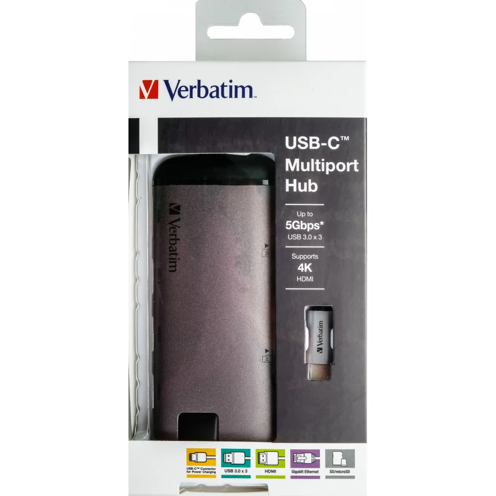 Verbatim Hub USB-C Gigabit LANx1 USB-A 3.0 x 3 HDMI x 1 (4K@30Hz) USB Type C x 1 SD x 1 m angle