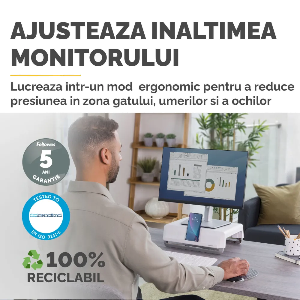 Fellowes Breyta suport pentru monitor reglabil pe inaltime suporta 15Kg alb 