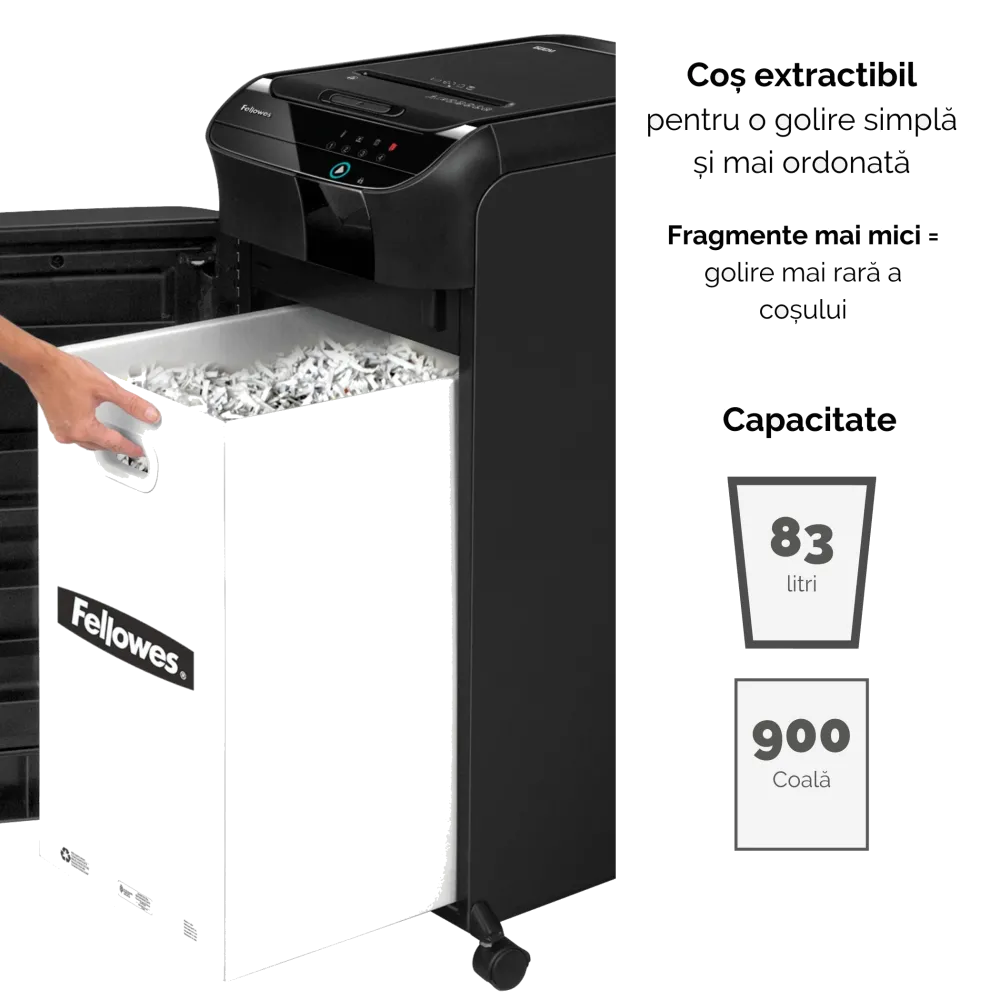 Fellowes Distrugator documente AutoMax 600M, ADF 600 coli, 14 coli manual, 2x12 mm, P-5, cos 83L 