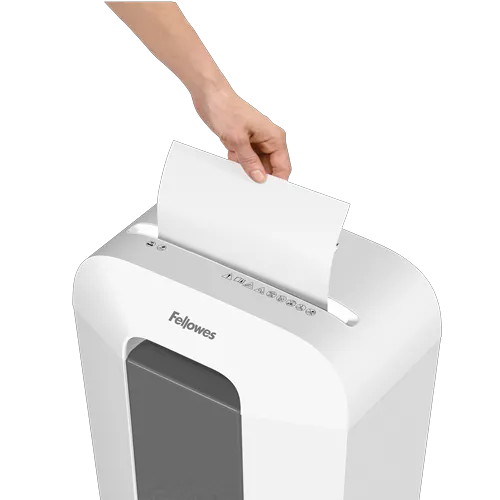 Fellowes Distrugator documente LX50 alb, 9 coli, particule 4x37 mm, P-4, cos 17L 