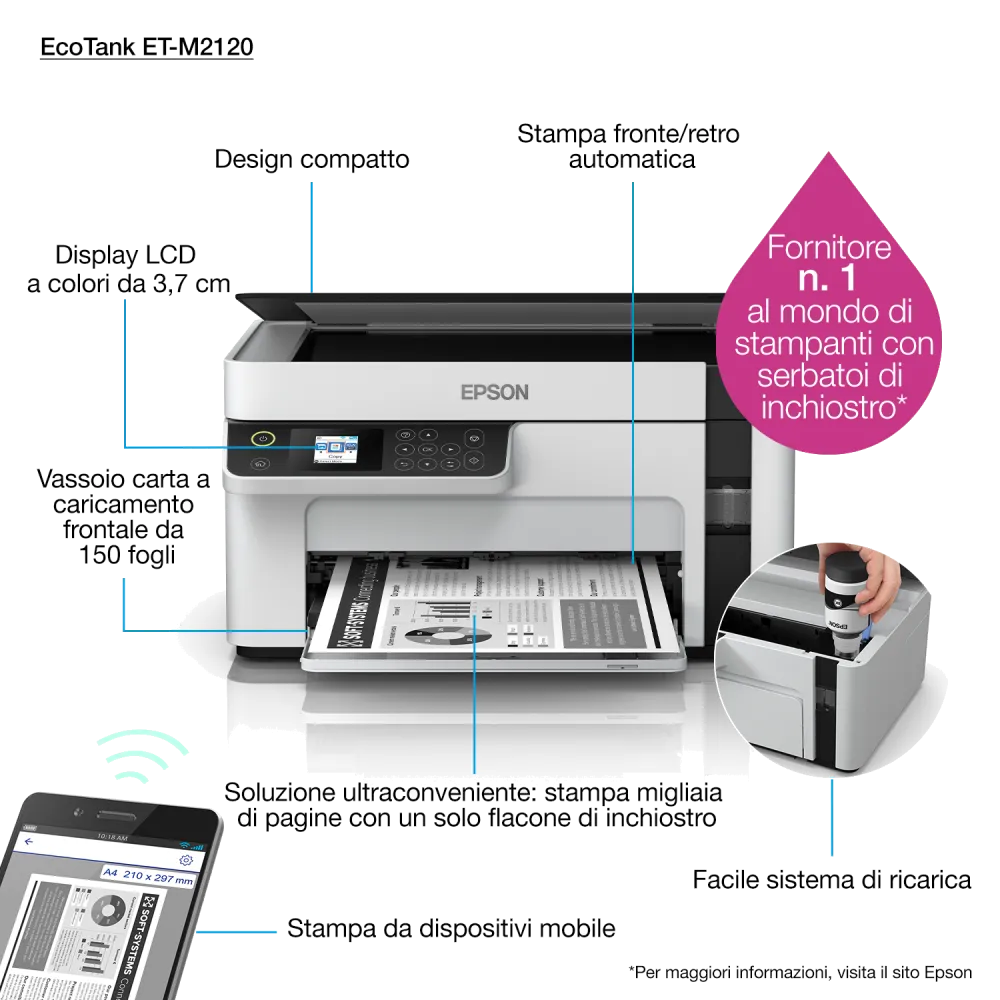 Epson Multifunctional inkjet mono CISS M2120 A4 3-in-1 A4 alim150 coli USB 2.0 WiFi 