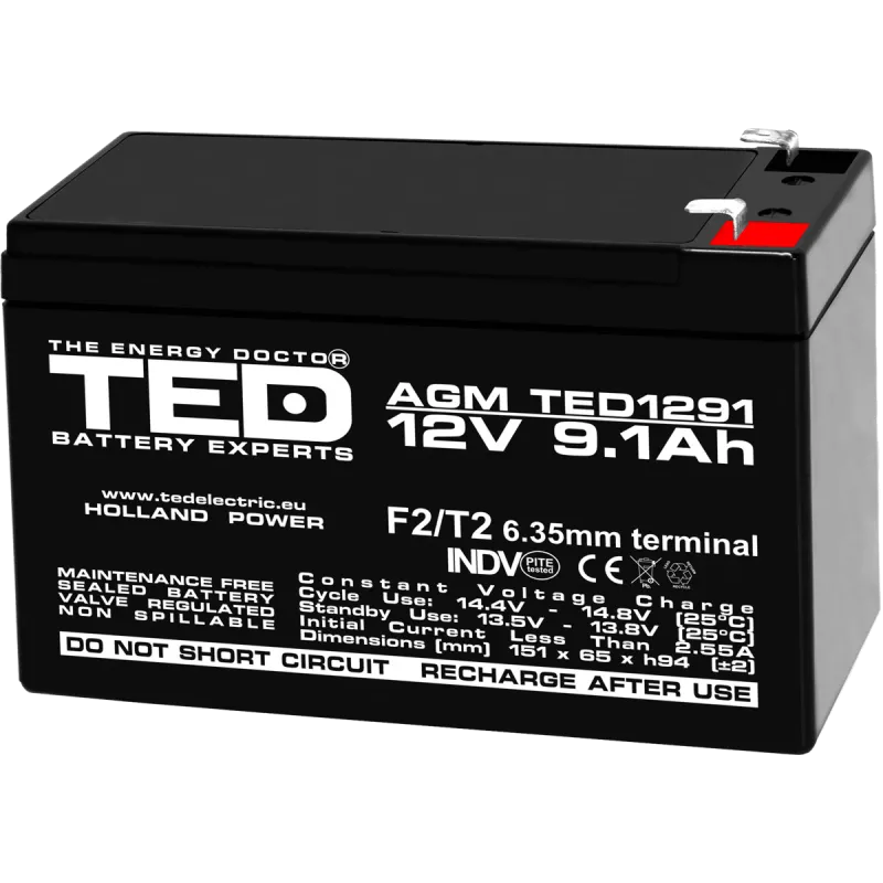 Ted Electric Acumulator AGM VRLA 12V 9.1Ah terminal F2 pentru UPS