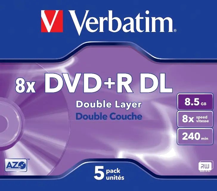 Verbatim DVD+R, 8x, 8.5GB Double Layer, Jewel Case 