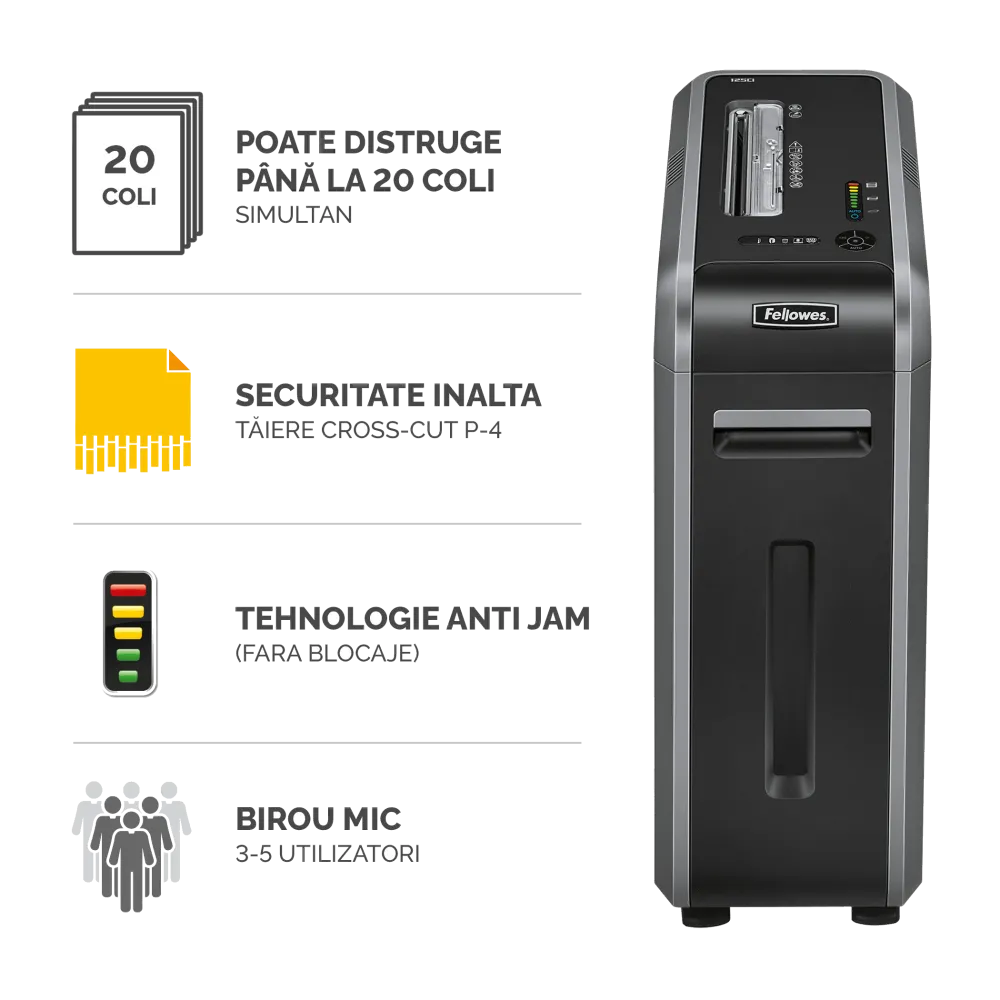 Fellowes Distrugator documente 125Ci, 18 coli, particule 4x38 mm, P-4, cos 53L 