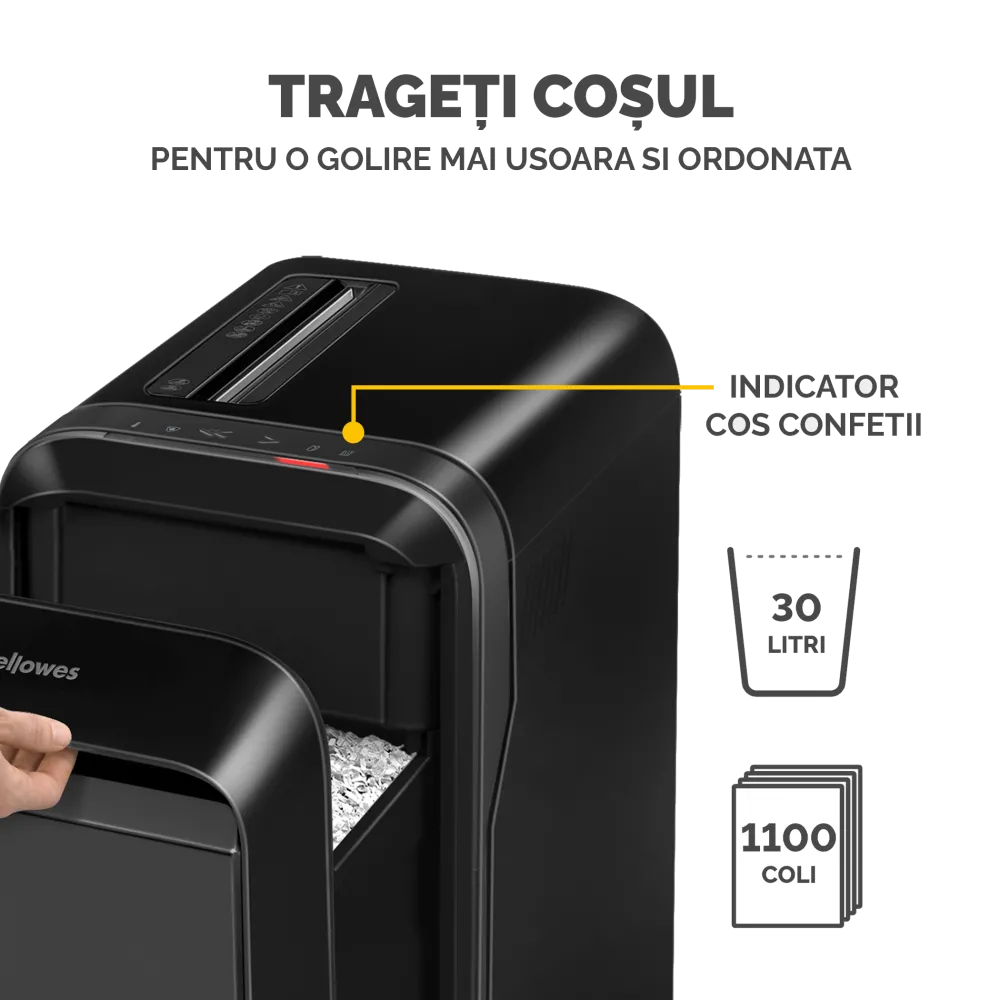 Fellowes Distrugator documente LX221 negru, 20 coli, microparticule 2x12 mm, P-5, cos 30L 