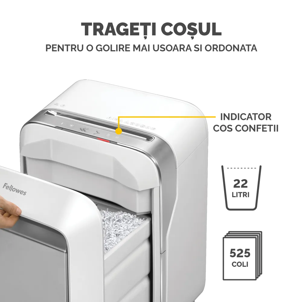 Fellowes Distrugator documente LX201 alb, 12 coli, microparticule 2x12 mm, P-5, cos 22L 