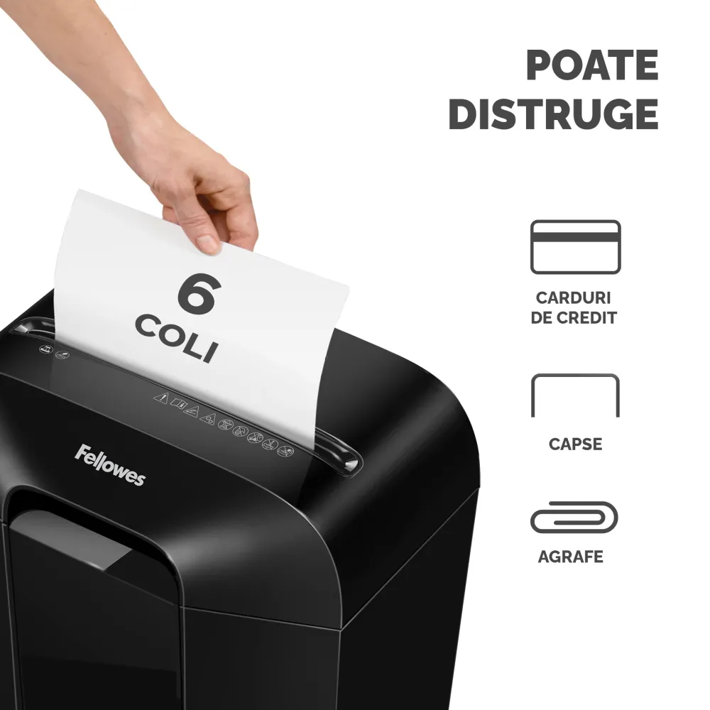 Fellowes Distrugator documente LX25, 6 coli, particule 4x37 mm, P-4, cos 11.5L lifestyle
