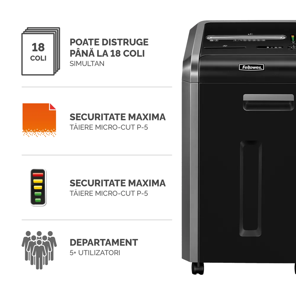 Fellowes Distrugator documente 225Mi, 16 coli, microparticule 2x12 mm, P-5, cos 60L 