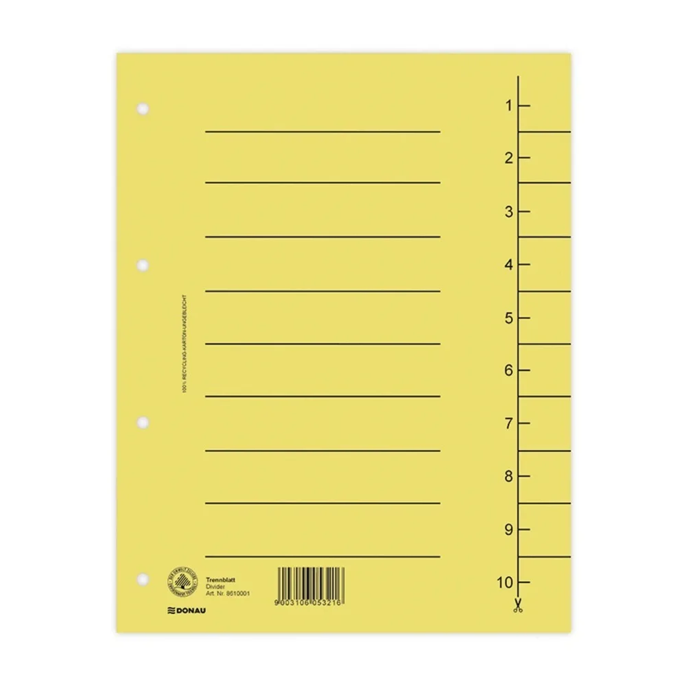 Donau Separatoare A4 carton manila 250 gsm cu index 1-10 100 buc galben