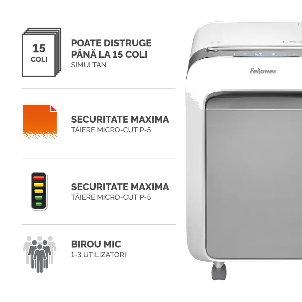 Fellowes Distrugator documente LX211 alb, 15 coli, microparticule 2x12 mm, P-5, cos 23L 