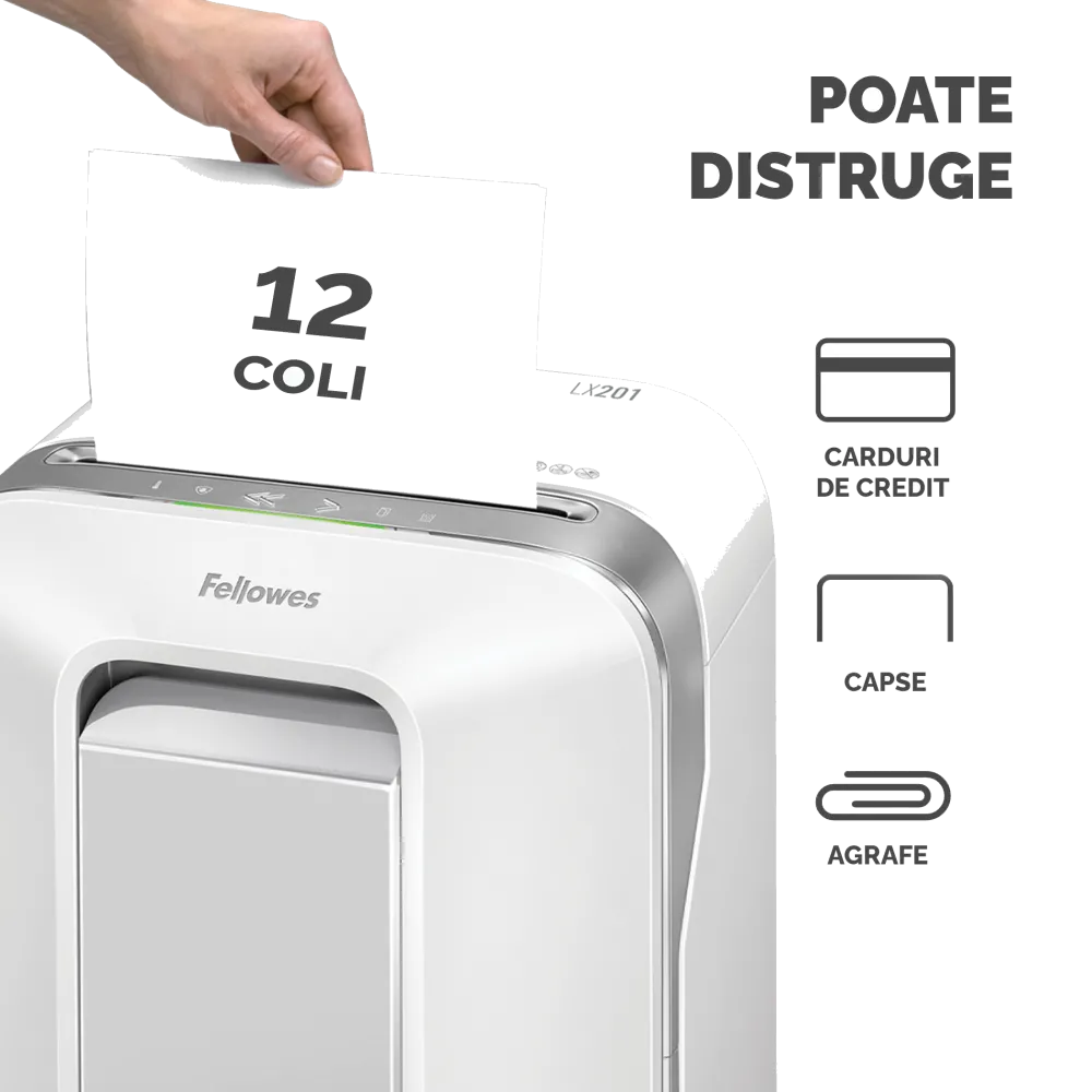 Fellowes Distrugator documente LX201 alb, 12 coli, microparticule 2x12 mm, P-5, cos 22L lifestyle