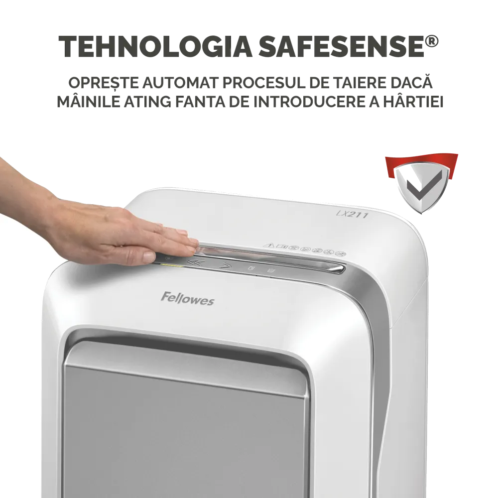 Fellowes Distrugator documente LX211 alb, 15 coli, microparticule 2x12 mm, P-5, cos 23L 