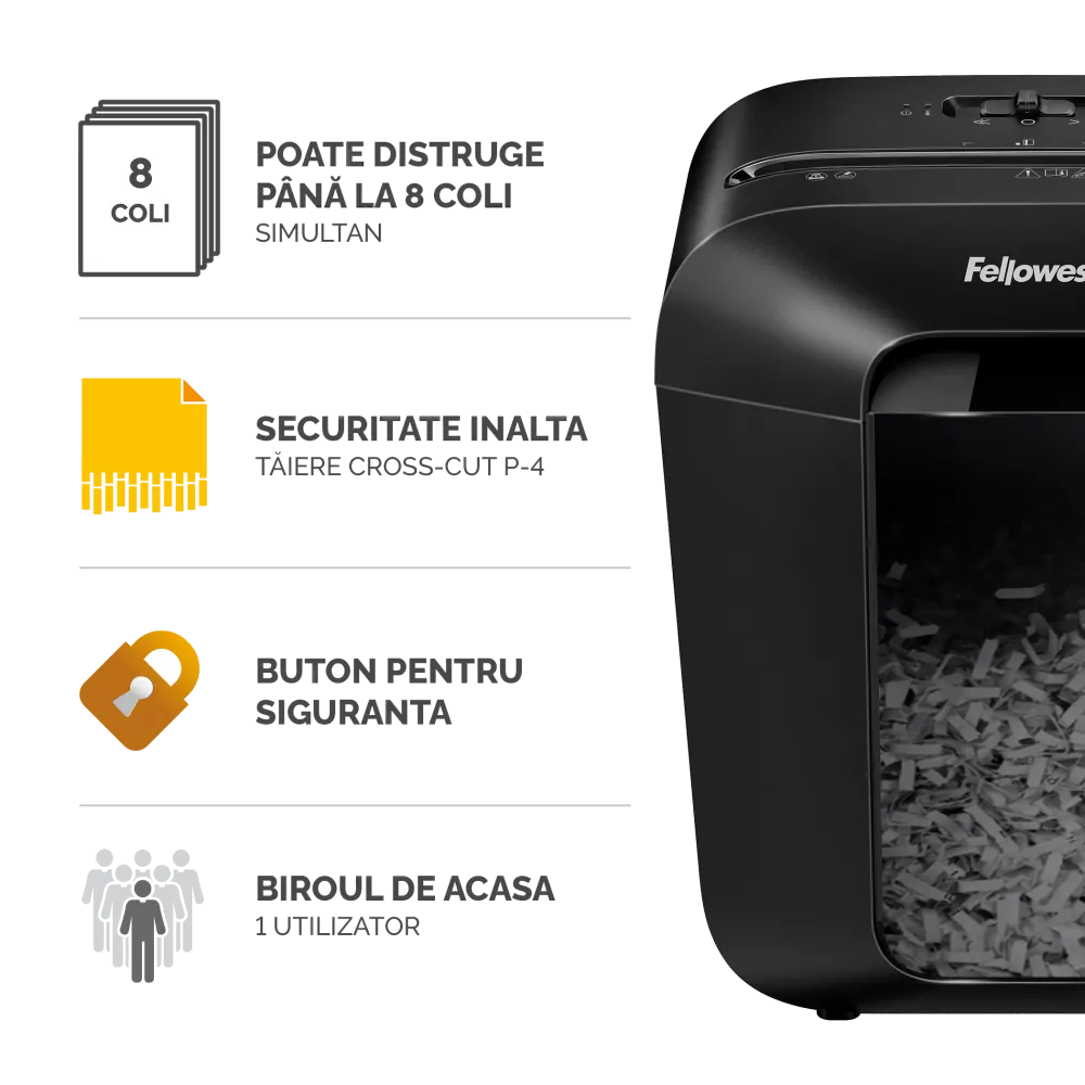 Fellowes Distrugator documente LX45, 8 coli, particule 4x35 mm, P-4, cos 17L 