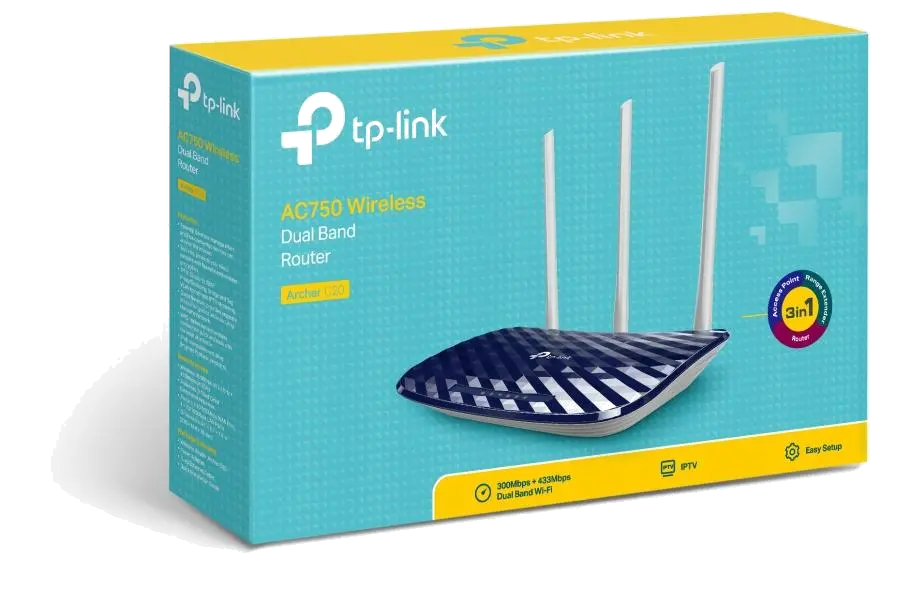 TP-Link Archer C20 Router Wireless AC750 Dual-band, 300/433Mbps, 4 porturi 10/100 Mbps 