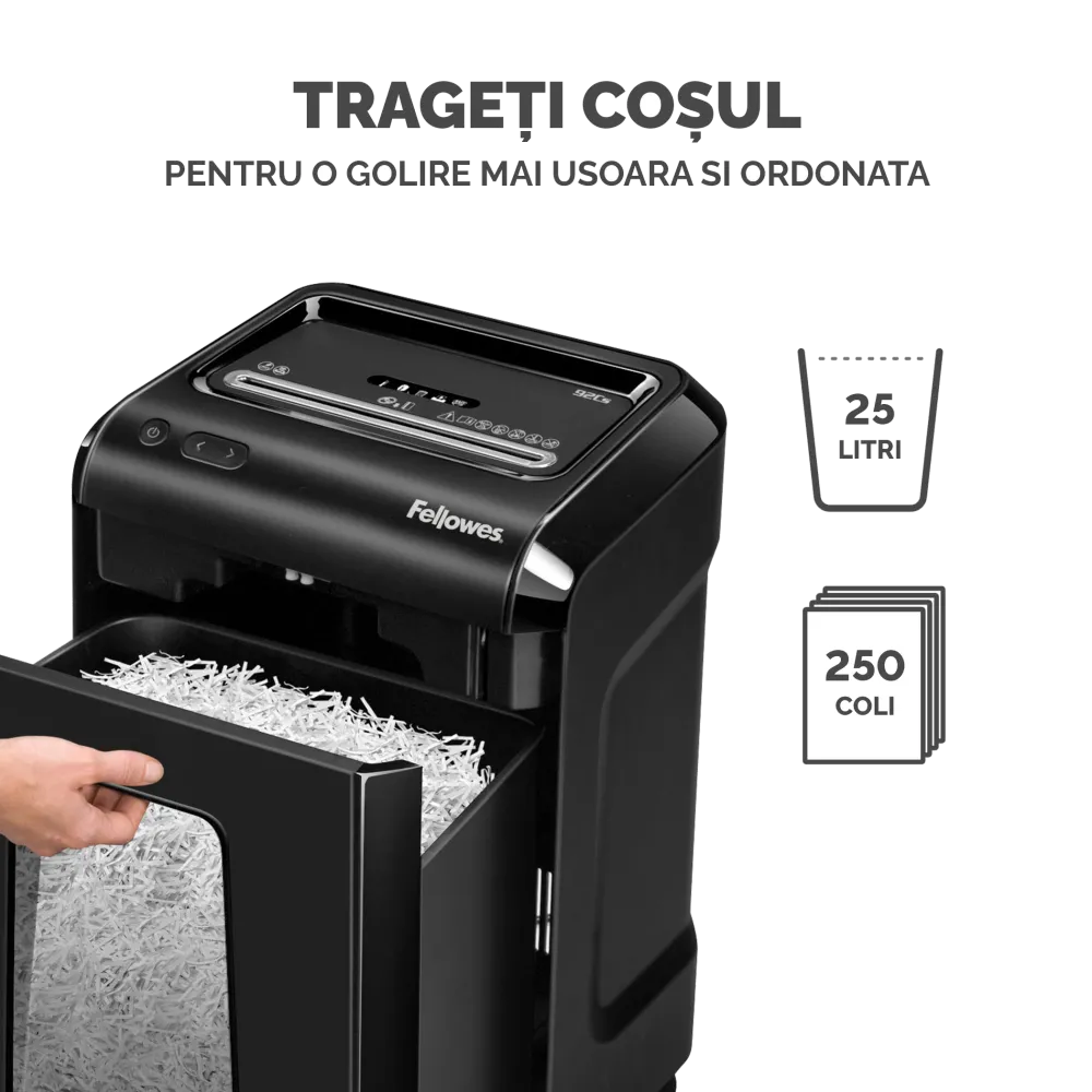 Fellowes Distrugator documente 92Cs, 18 coli, particule 4x38 mm, P-4, CD/DVD, cos 25L 