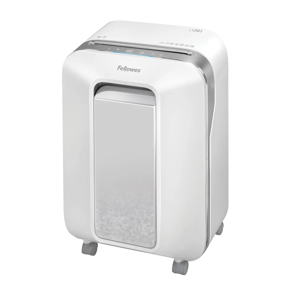Fellowes Distrugator documente LX201 alb, 12 coli, microparticule 2x12 mm, P-5, cos 22L