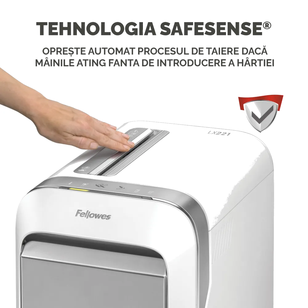 Fellowes Distrugator documente LX221 alb, 20 coli, microparticule 2x12 mm, P-5, cos 30L 