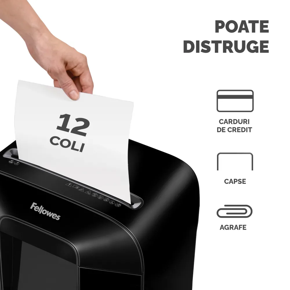 Fellowes Distrugator documente LX85, 12 coli, particule 4x40 mm, P-4, cos 19L lifestyle