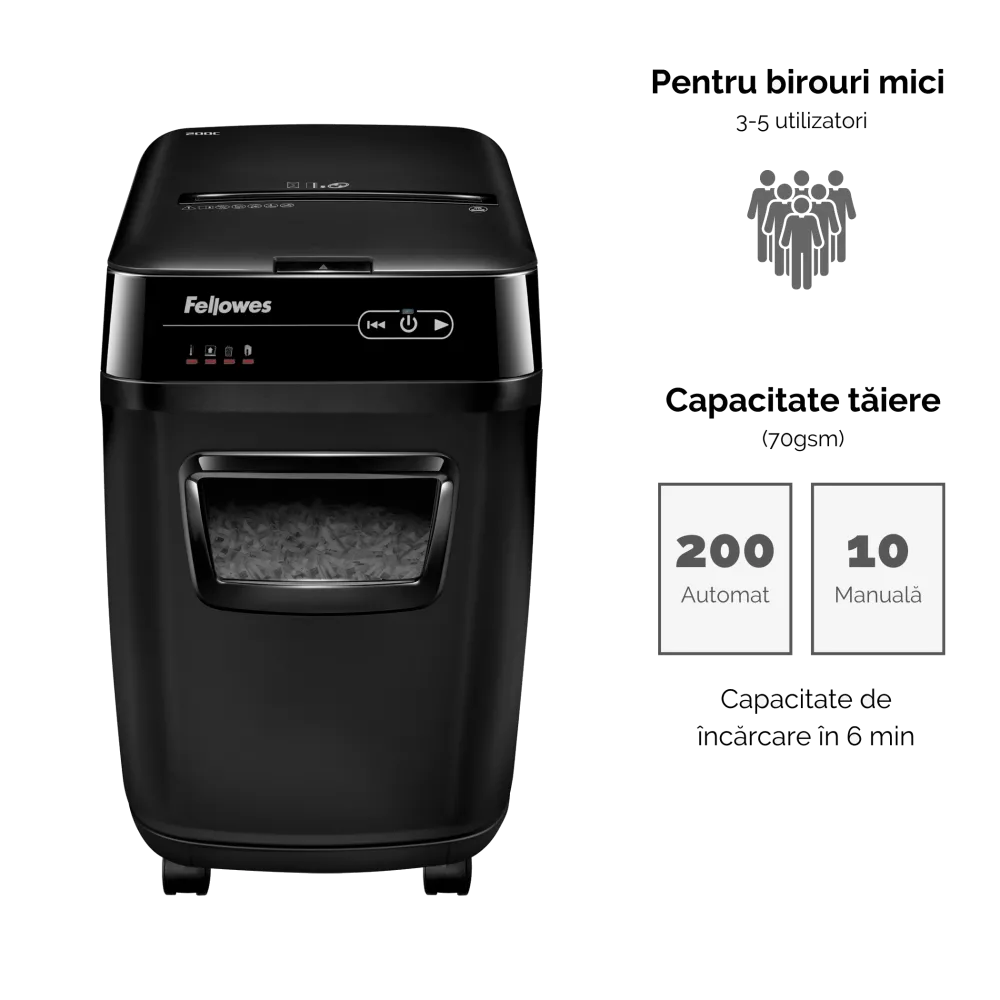 Fellowes Distrugator documente AutoMax 200C, ADF 200 coli, 10 coli manual, 4x38 mm, P-4, cos 32L 