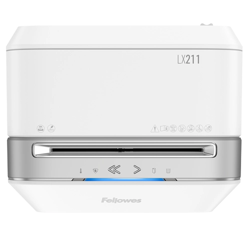 Fellowes Distrugator documente LX211 alb, 15 coli, microparticule 2x12 mm, P-5, cos 23L 