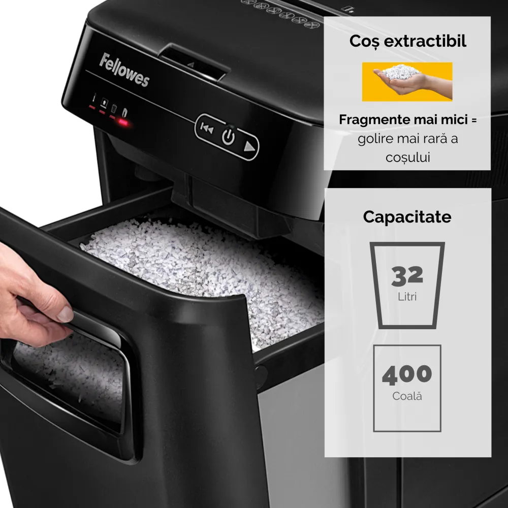Fellowes Distrugator documente AutoMax 200M, ADF 200 coli, 10 coli manual, 2x14 mm, P-5, cos 32L 