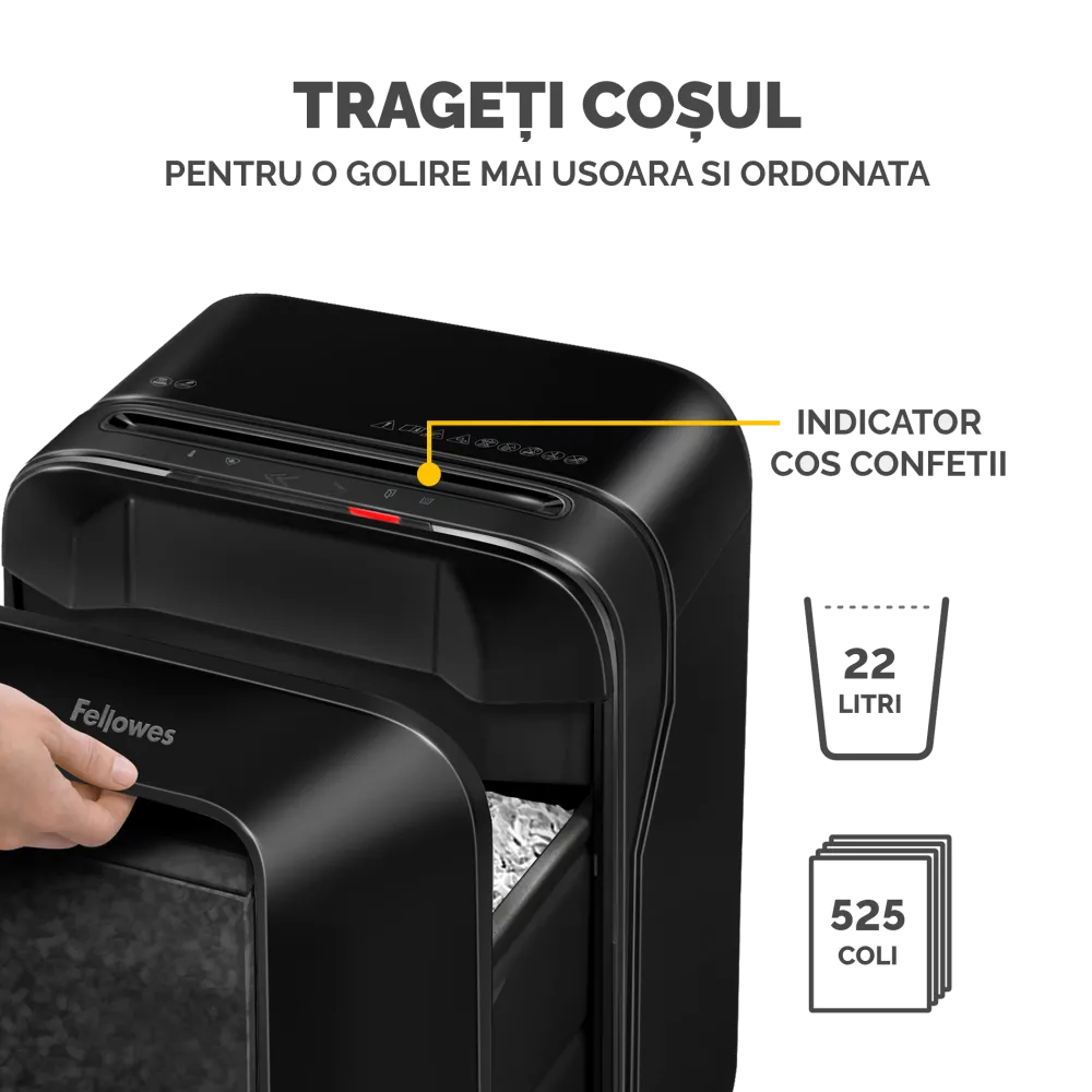 Fellowes Distrugator documente LX201 negru, 12 coli, microparticule 2x12 mm, P-5, cos 22L 