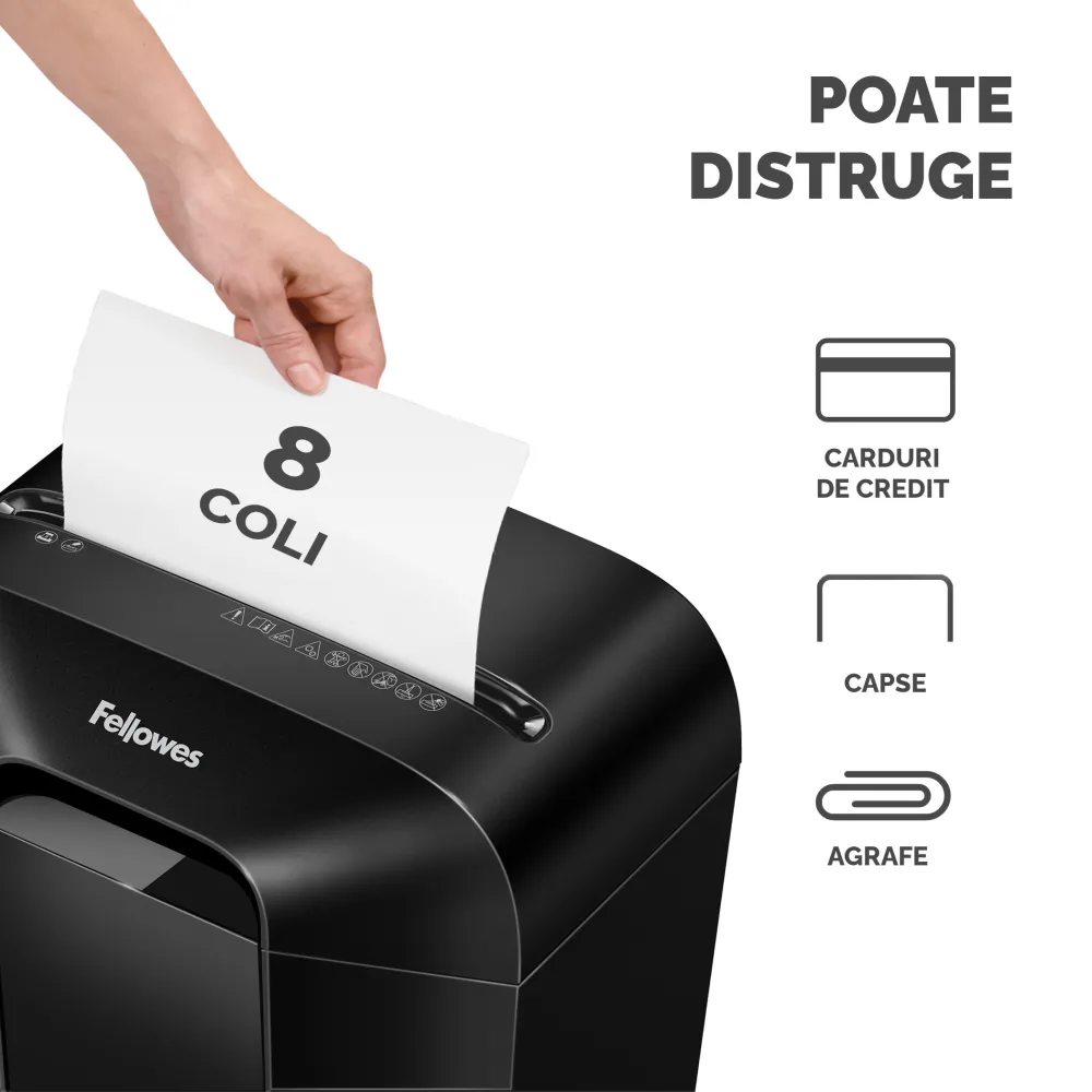 Fellowes Distrugator documente LX45, 8 coli, particule 4x35 mm, P-4, cos 17L lifestyle