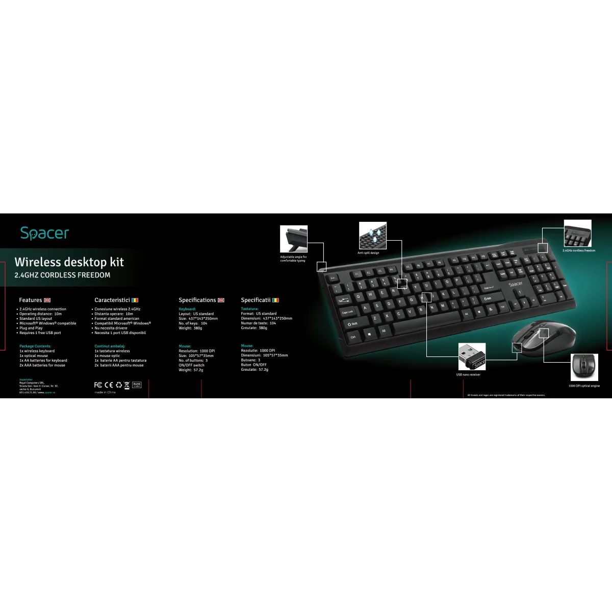 Spacer Kit tastatura wireless + mouse wireless, black 