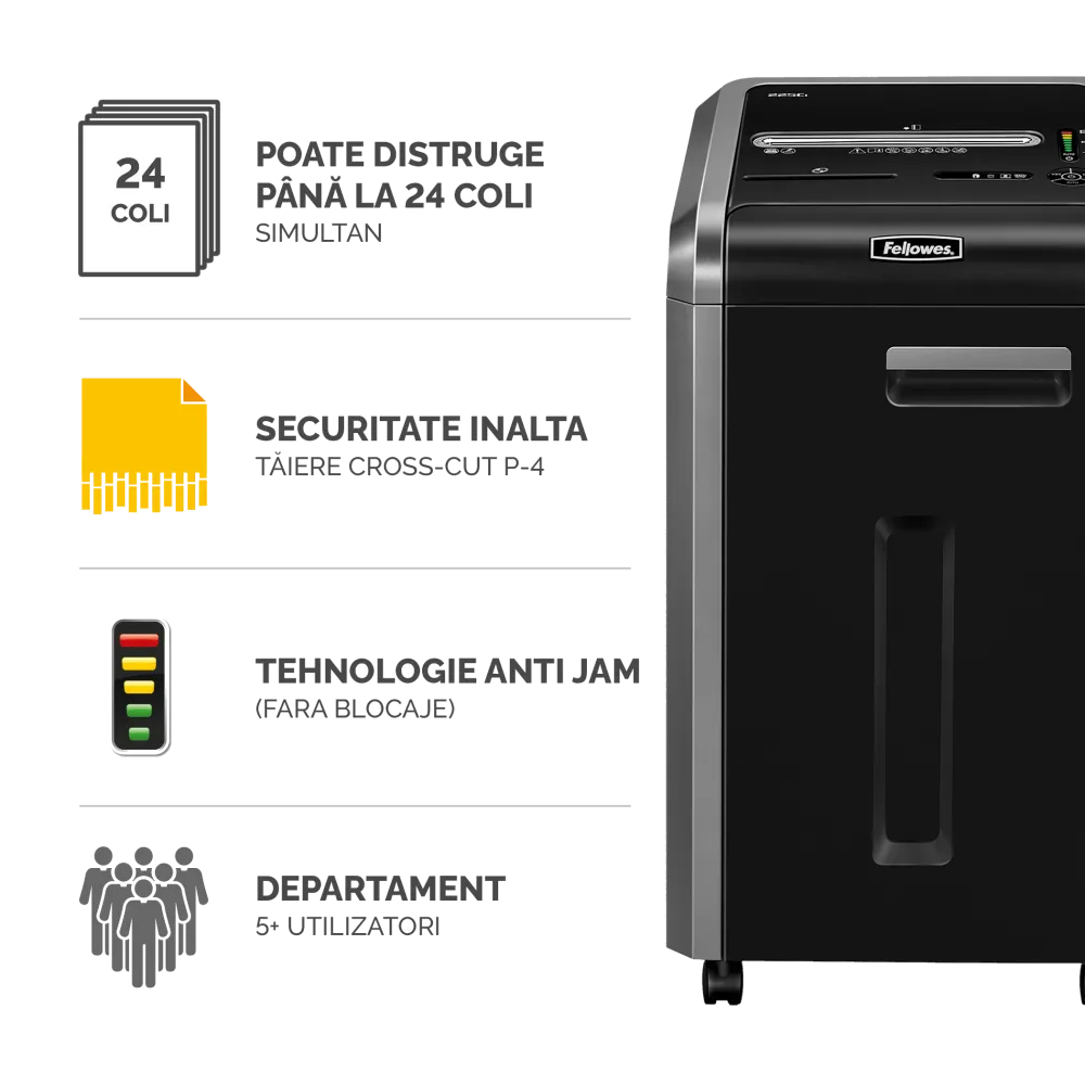 Fellowes Distrugator documente 225Ci, 22-24 coli, particule 4x38 mm, P-4, cos 60L 