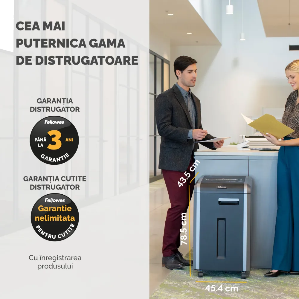 Fellowes Distrugator documente 225Ci, 22-24 coli, particule 4x38 mm, P-4, cos 60L 