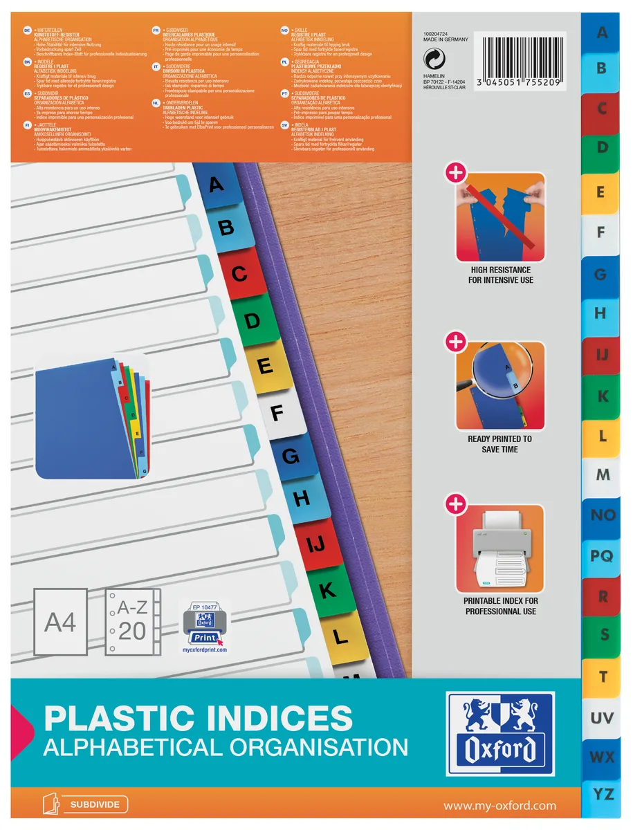 Oxford Index alfabetic A4 A-Z plastic, 20 file, margine color